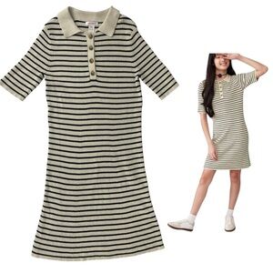 Joe Fresh Girls Comfy Rib Knit Striped Cream Black Short Sleeve Dress Size M 7/8